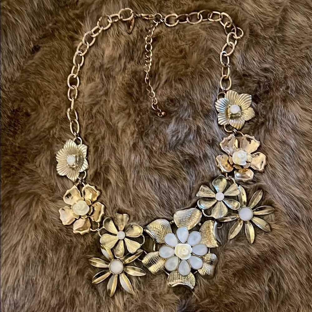 New York & Company Gold and White Floral Necklace